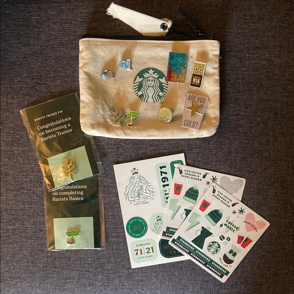 Starbucks Zipper Pouch with Logo. Assorted Starbucks pins and stickers.